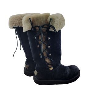 UGG Upside 5163 Boots Size 6 Tall Black Suede Lace Up Sides Studded Sherpa Lined